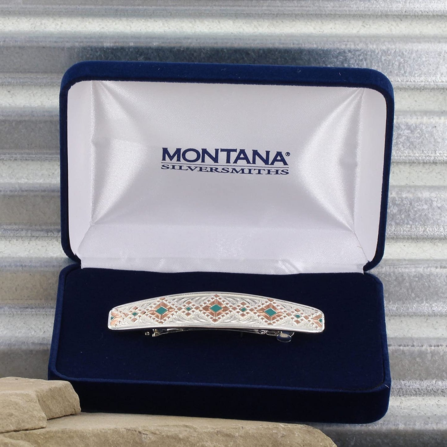 Montana Silversmiths Women's Two Tone Southwestern Beats Barrette in Blue Padded Box