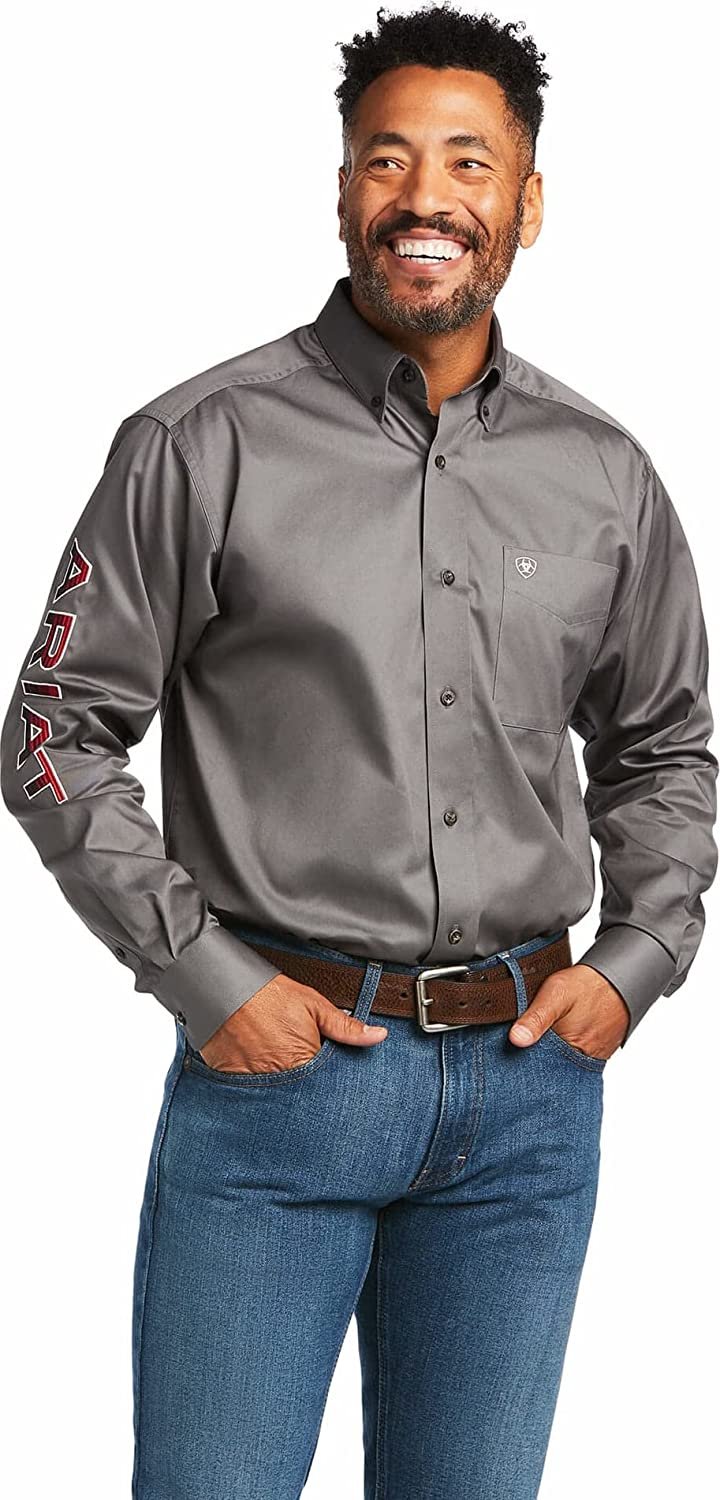 Ariat Men's Team Logo Twill Classic Fit Shirt in Grey/Serape Red