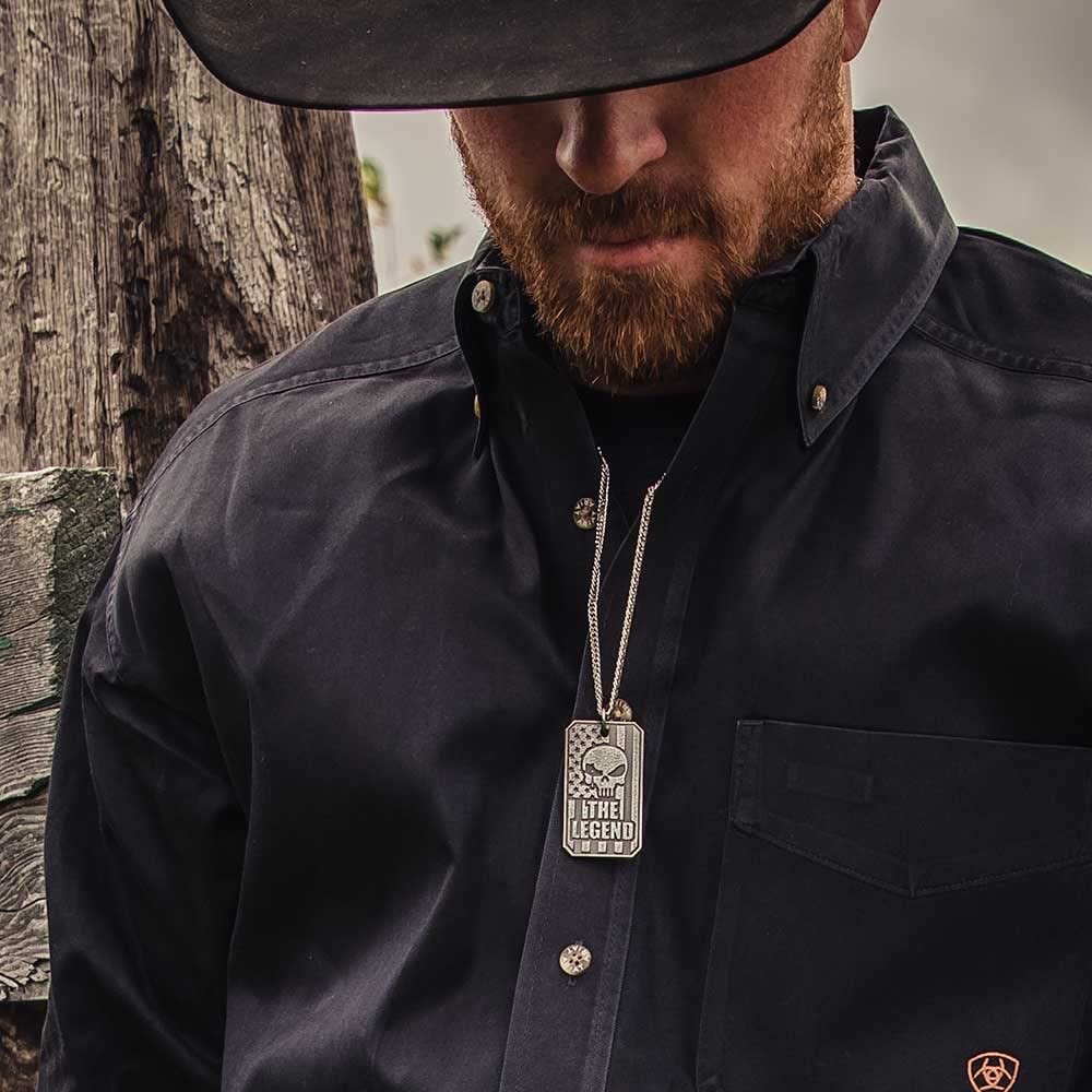 
                  
                    Man Wearing Montana Silversmiths The Legend Chris Kyle Glory Dog Tag Necklace
                  
                