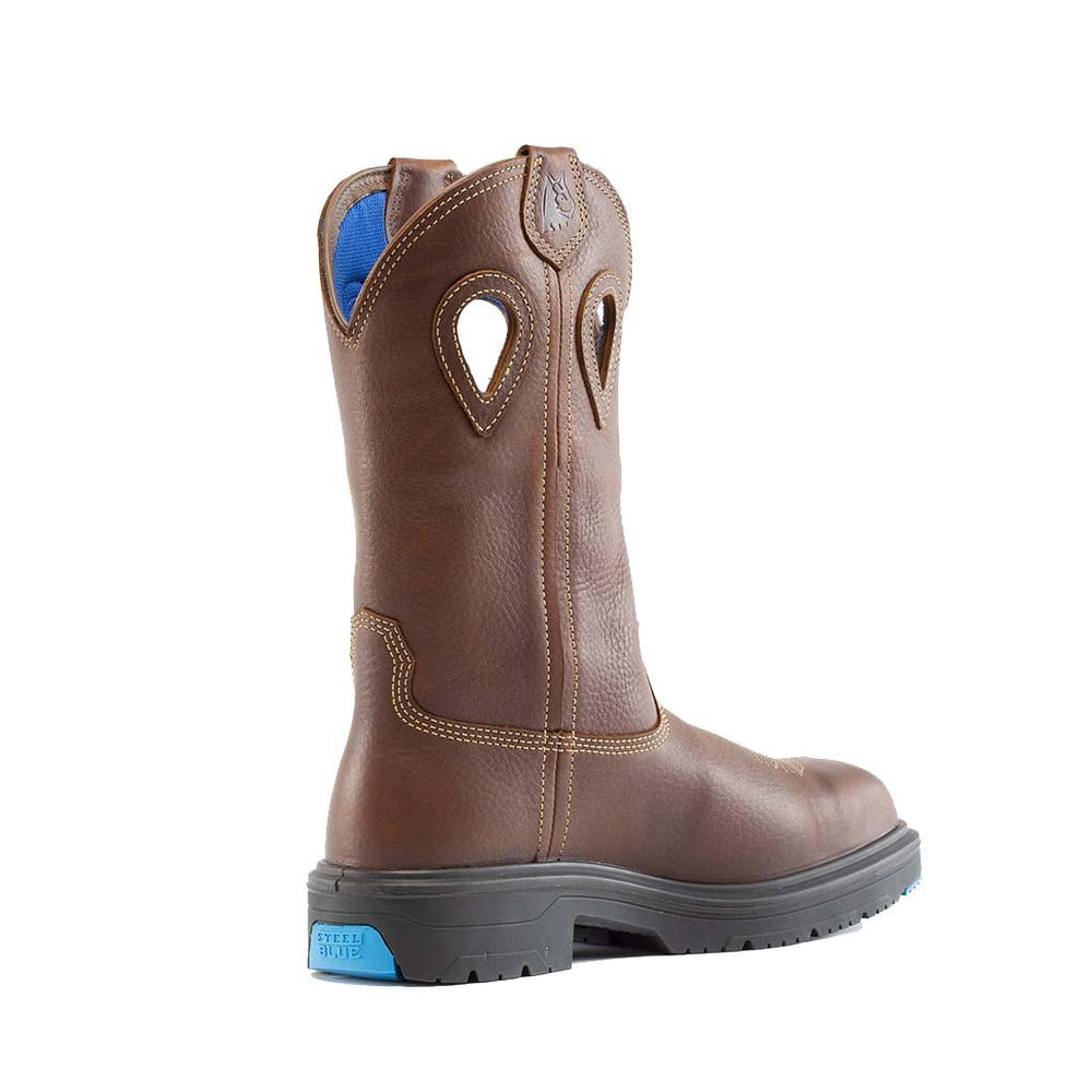
                  
                    Angled Back View of Steel Blue - Blue Heeler Met Safety Boot in Brown
                  
                