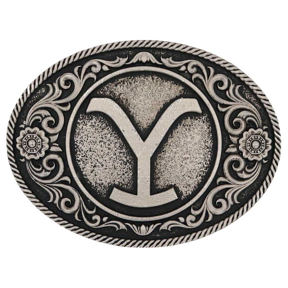 
                  
                    Montana Silversmiths x Yellowstone Collection Belt Buckle, With Y Floral Filigree and Gunmetal Finish
                  
                