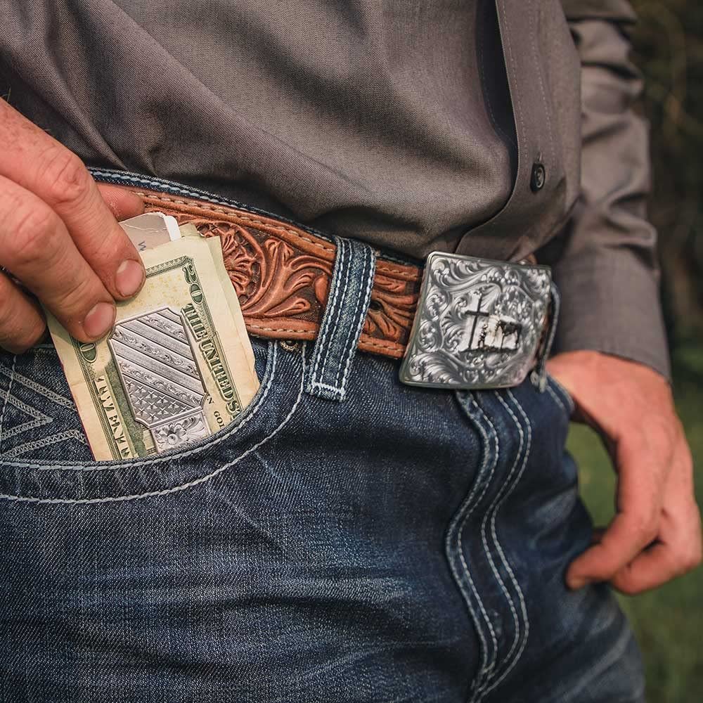 
                  
                    Man Wearing Montana Silversmiths German Silver Christian Cowboy Western Belt Buckle
                  
                