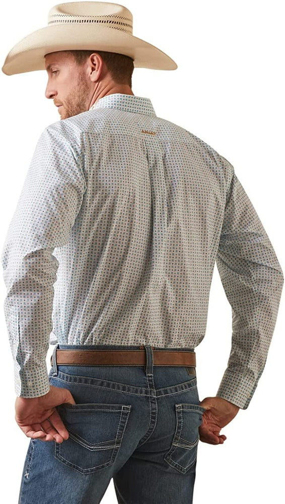 
                  
                    Cowboy Wearing Ariat Men's Team Stuart Fitted Shirt in White
                  
                
