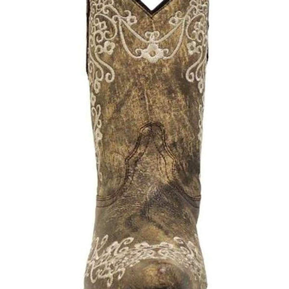 
                  
                    Front View of Corral Boots Girls' Bone Color Floral Embroidery Snip Toe Cowboy Boot
                  
                