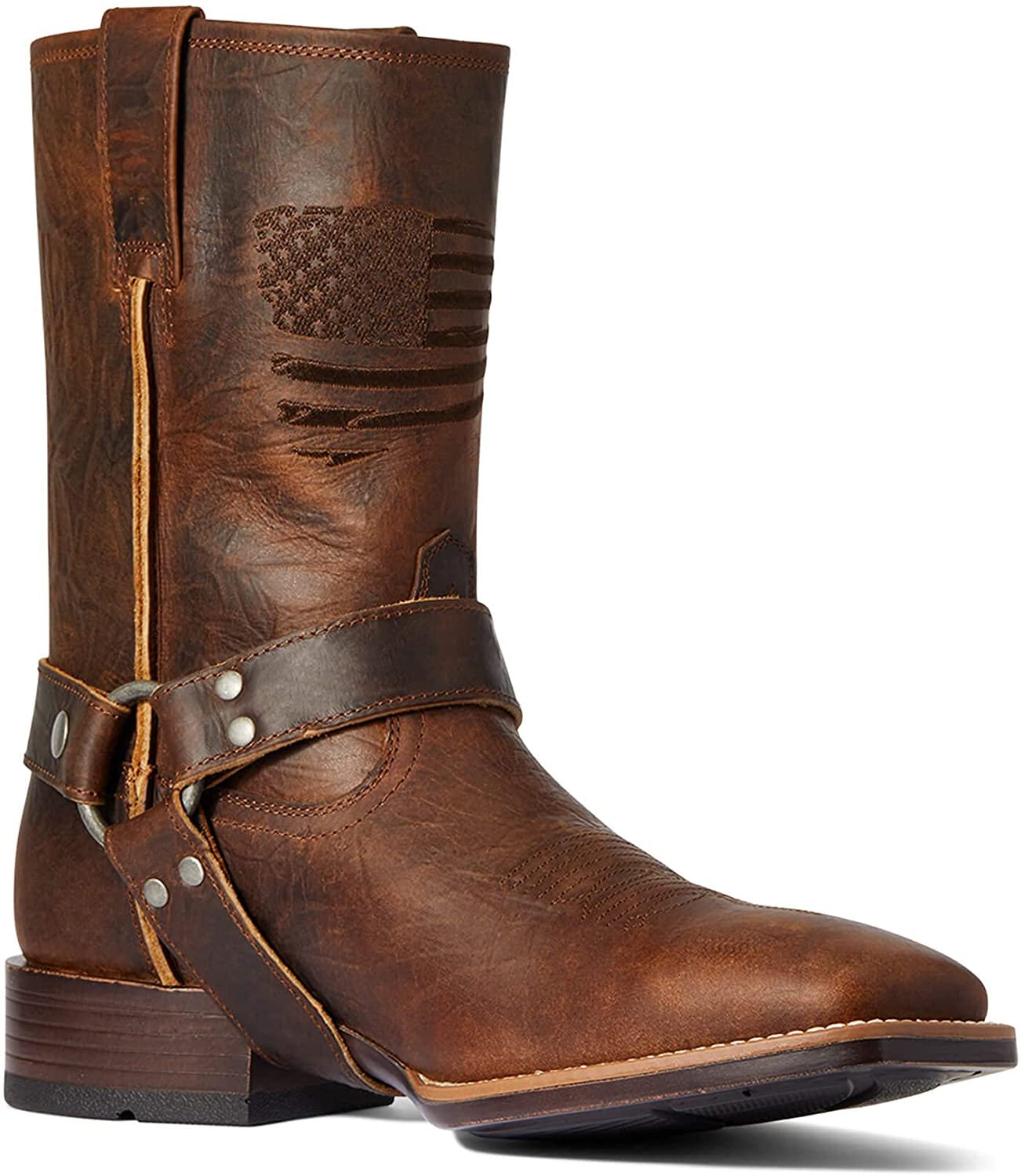 Front Angled View of Ariat Men's Harness Patriot Ultra Western Boot in Bar Top Brown