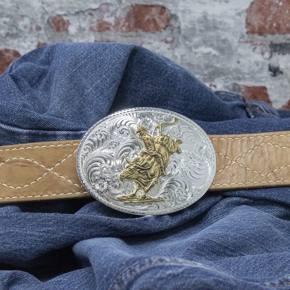 Montana Silversmiths Men’s American Beauty Bullrider Buckle Against Belt and Denim Fabric Background