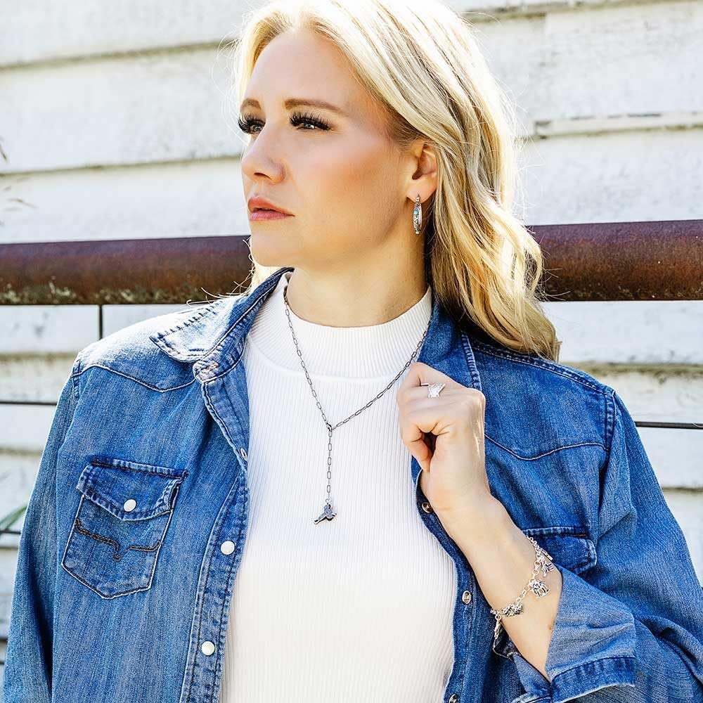 Woman Wearing Montana Silversmiths Back in the Saddle Necklace