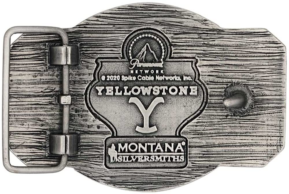 
                  
                    Back of Montana Silversmiths x Yellowstone Collection Belt Buckle, With Dutton Ranch Montana Engraving
                  
                