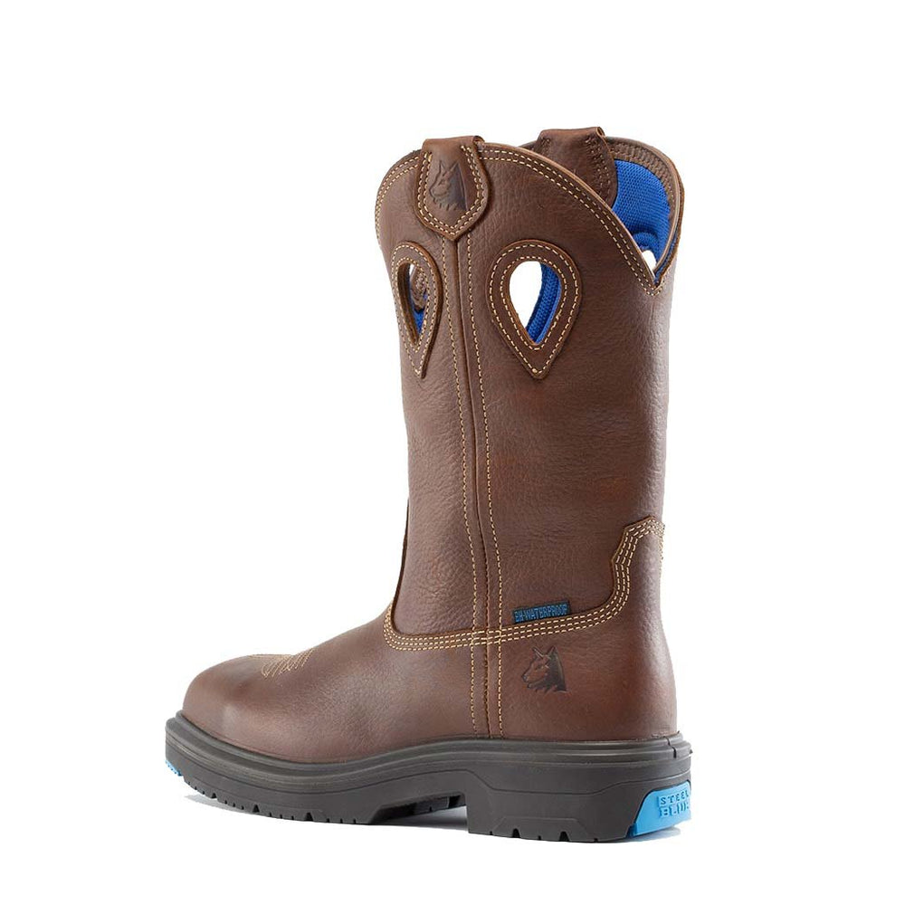 
                  
                    Angled Back View of Steel Blue - Blue Heeler Met Safety Boot in Brown
                  
                
