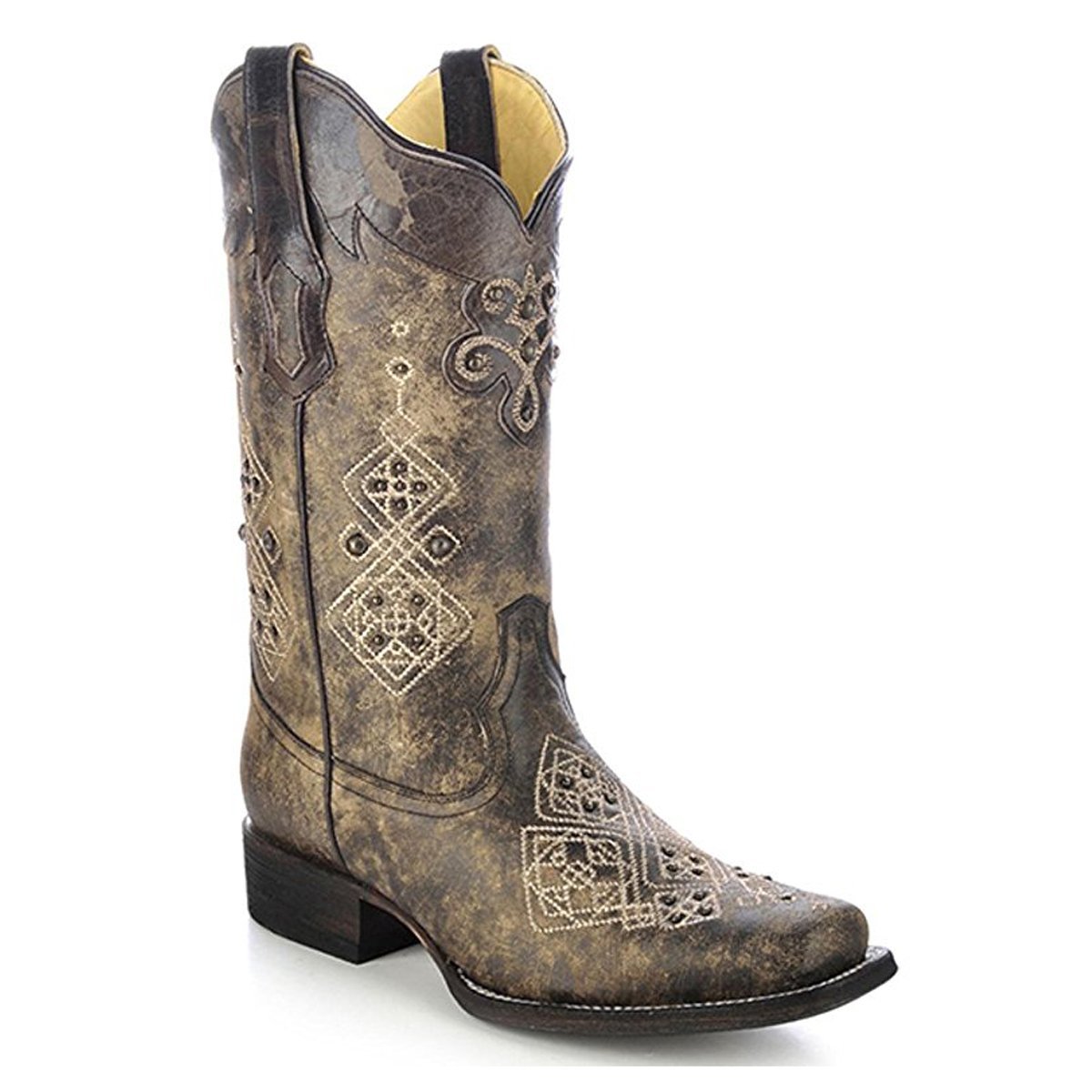 Side Angled View of Corral Boots Women's Black Studded Square Toe Western Boot