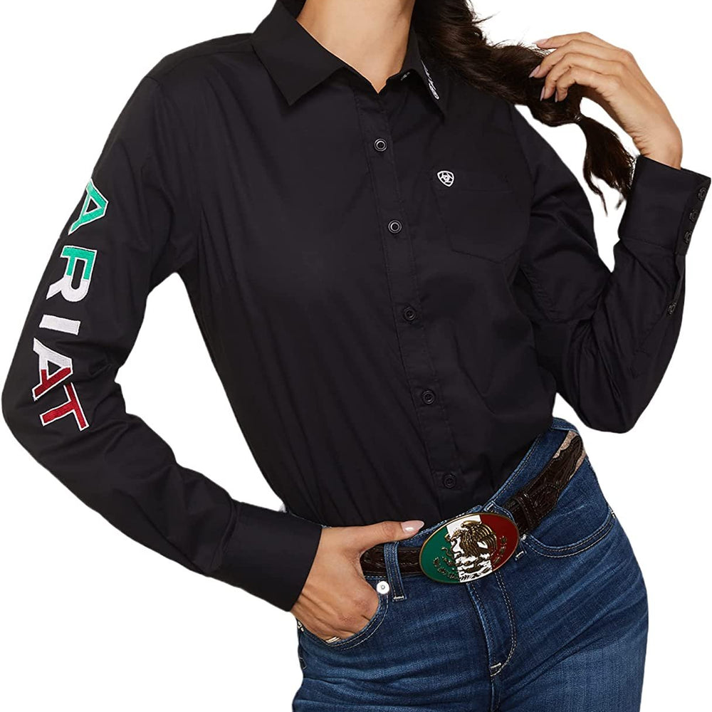 
                  
                    Ariat Women's Team Kirby Stretch Shirt in Black W/ Mexico Flag Emb
                  
                