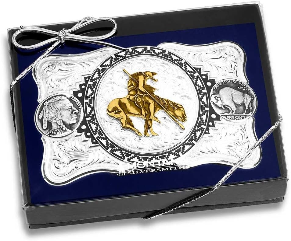 
                  
                    Montana Silversmiths Buffalo Nickel Southwestern Buckle With End of the Trail in Luxurious Blue Packaging and Ribbon
                  
                