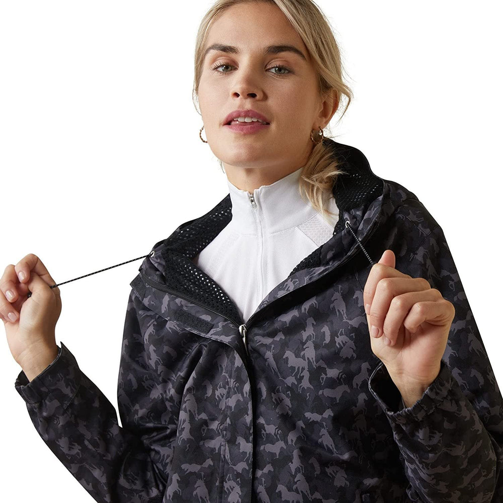 
                  
                    Adjustable Hood of Ariat Women's Spectator Waterproof Jacket in Camo Horse/Black
                  
                