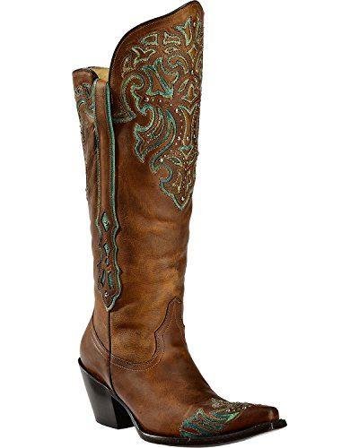 Side Angled View of Corral Boots Women's Turquoise Underlay Tall Snip Toe Western Boot