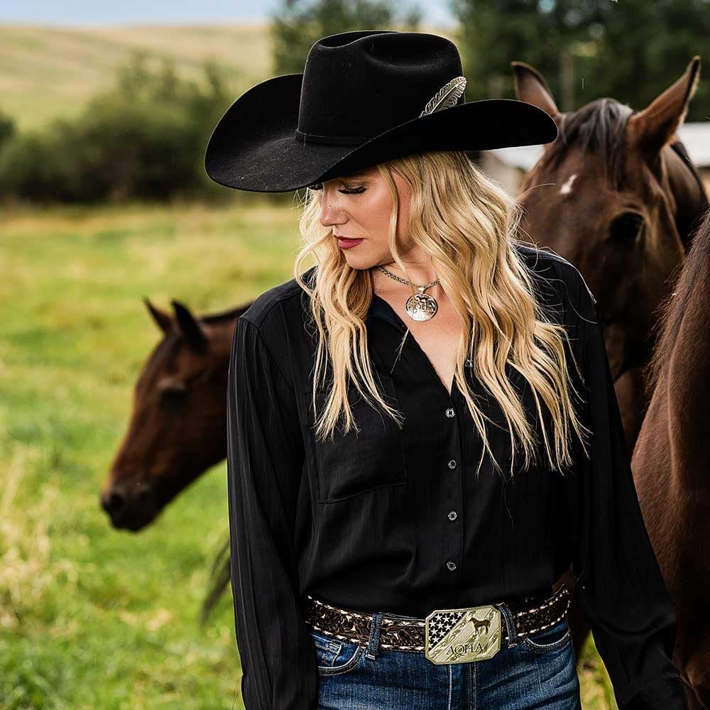 Cowgirl Wearing Montana Silversmiths AQHA Silver Retro Hat Feather