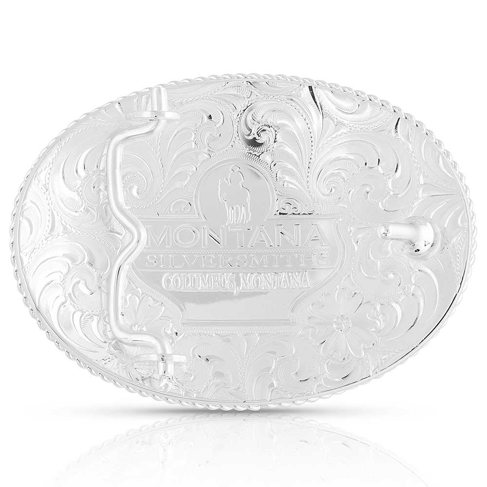 
                  
                    Back of Montana Silversmiths Custom Small Two-Tone Engraved Western Buckle
                  
                