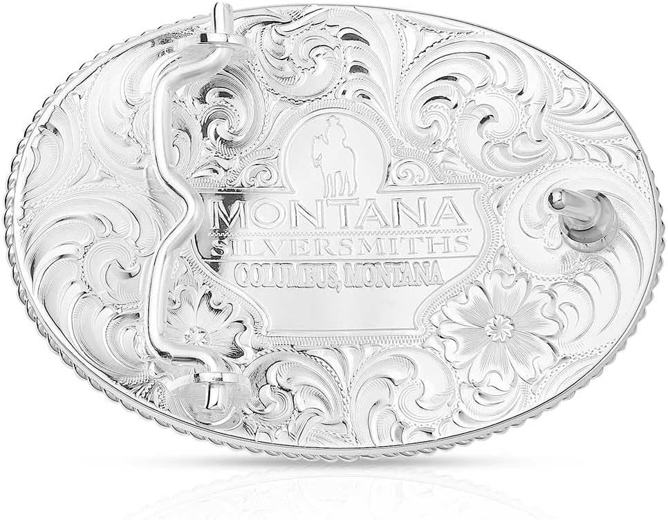 Back of Montana Silversmiths Etched Mountains Western Belt Buckle With Elk, Showing "Montana Silversmiths" and "Columbus, Montana" Engraving
