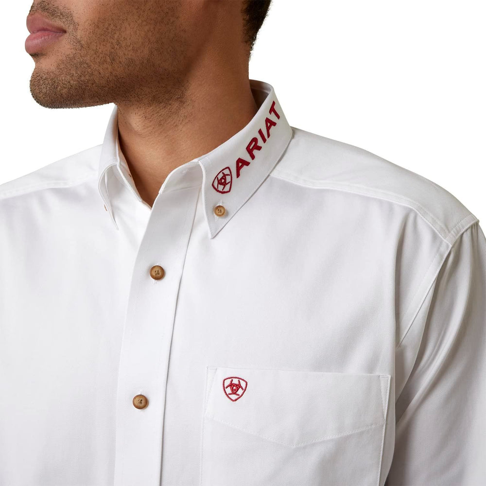 Close-up of Collar of Ariat Men's Team Logo Twill Classic Fit Shirt in White Mexico