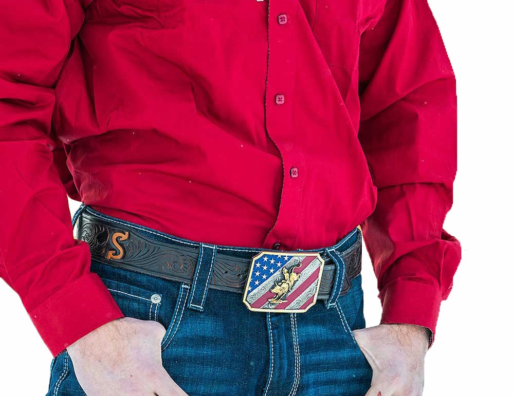 Model Wearing Montana Silversmiths Patriot Bull Rider Attitude Belt Buckle