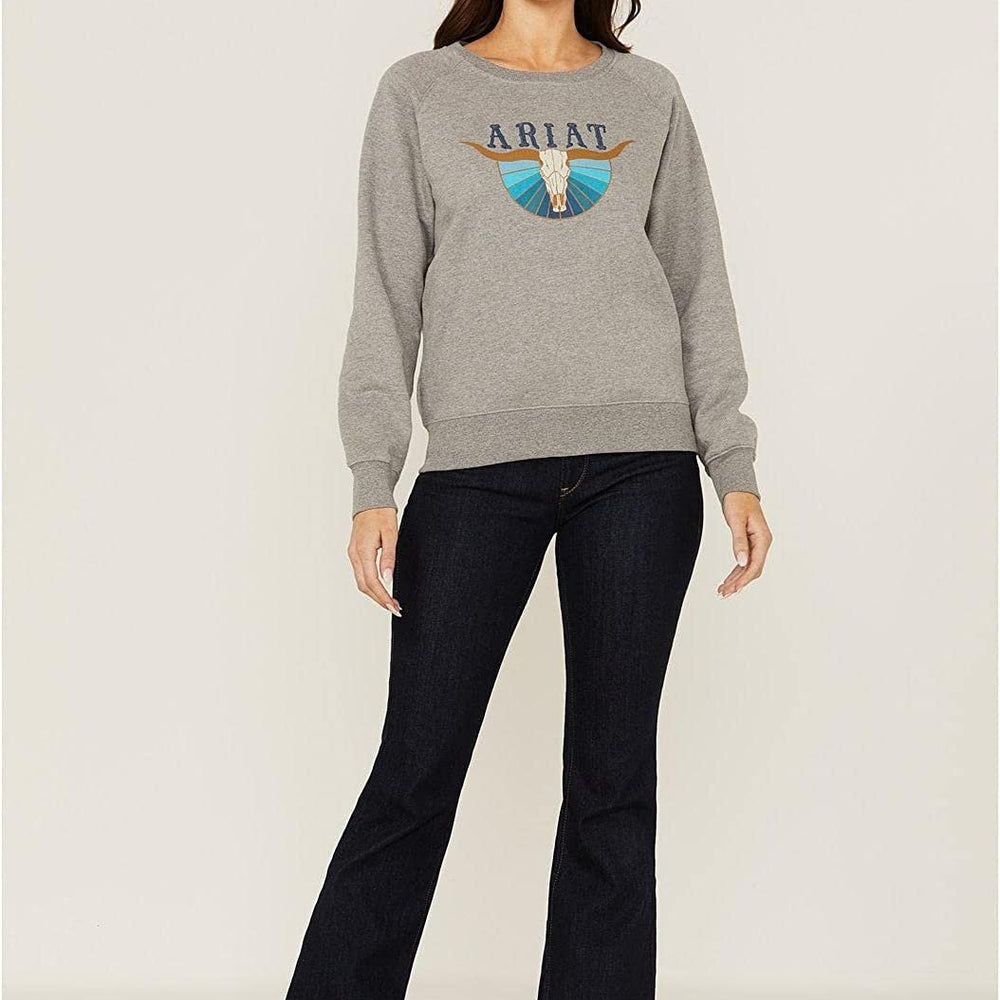 Model Wearing Ariat Women's REAL Pacific Steer Head Sweatshirt in Heather Grey