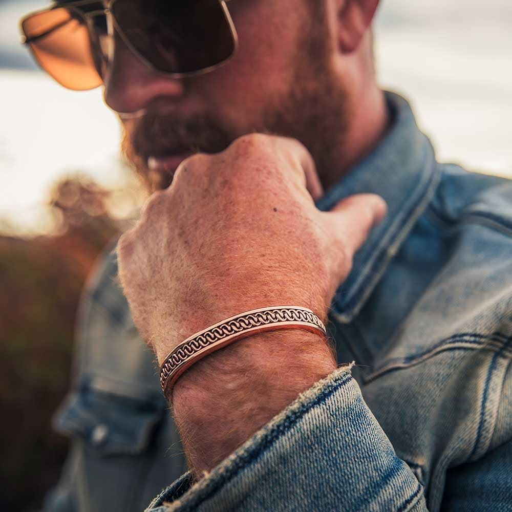 Man Wearing Montana Silversmiths Boynton Canyon Copper Cuff Bracelet