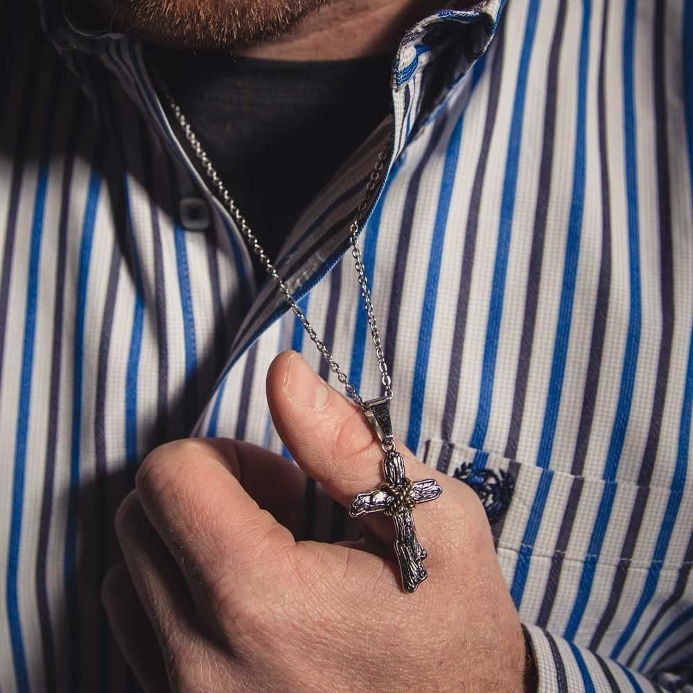 
                  
                    Man Wearing Montana Silversmiths Men's Rugged Faith Cross Necklace
                  
                