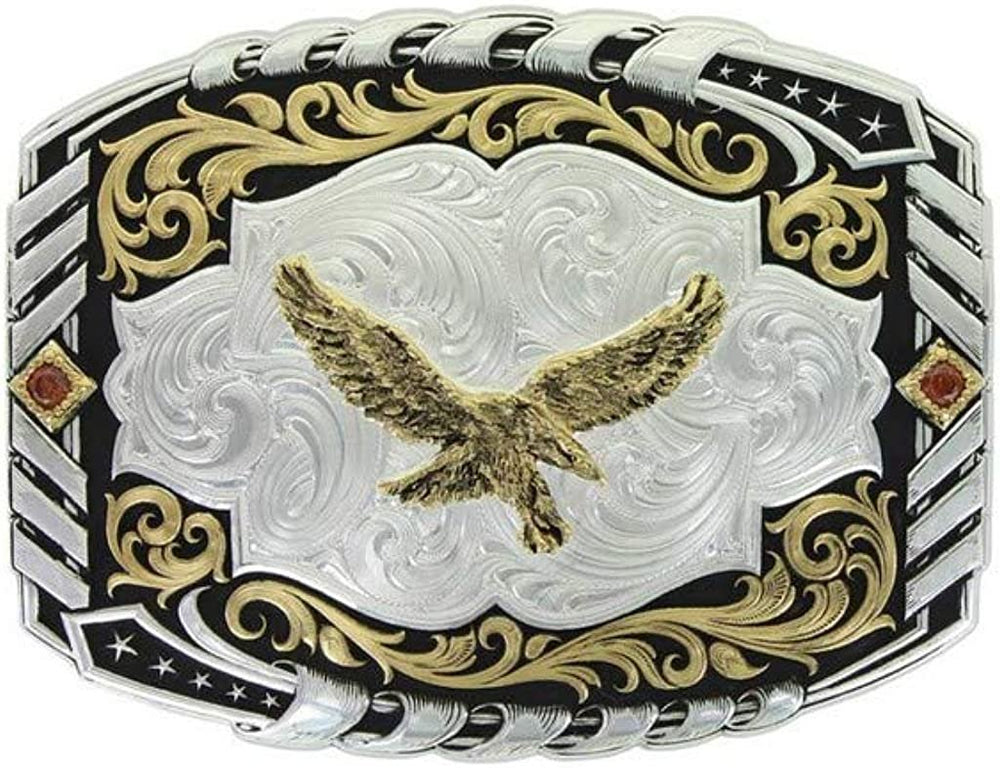 Close-up of Montana Silversmiths Two Tone Cantle Roll Buckle With Soaring Eagle