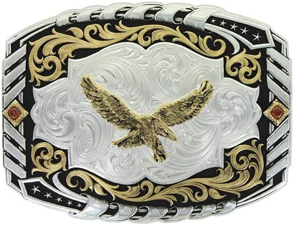 Close-up of Montana Silversmiths Two Tone Cantle Roll Buckle With Soaring Eagle