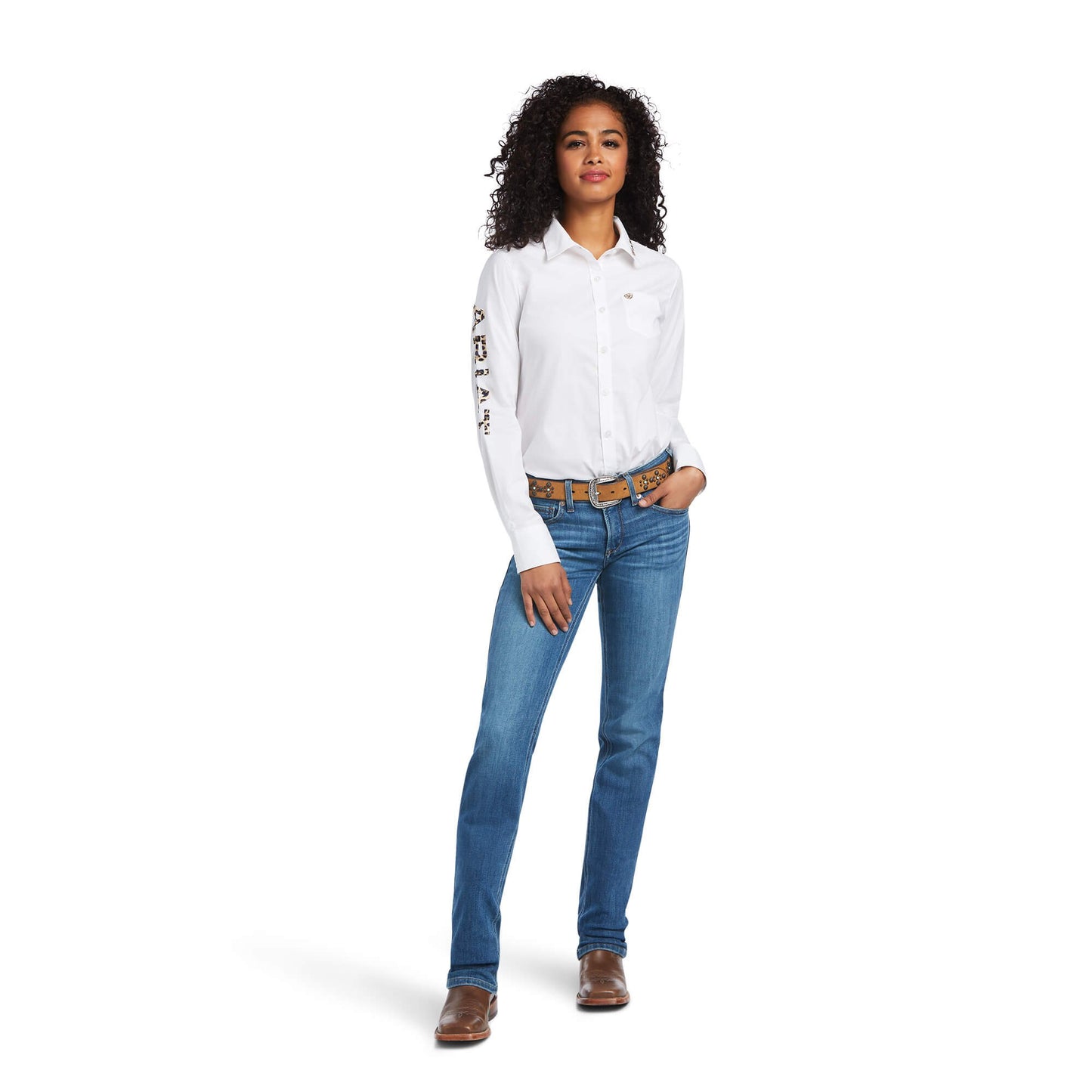 Model Wearing Ariat Women's Team Kirby Stretch Shirt in White With Leopard Logo
