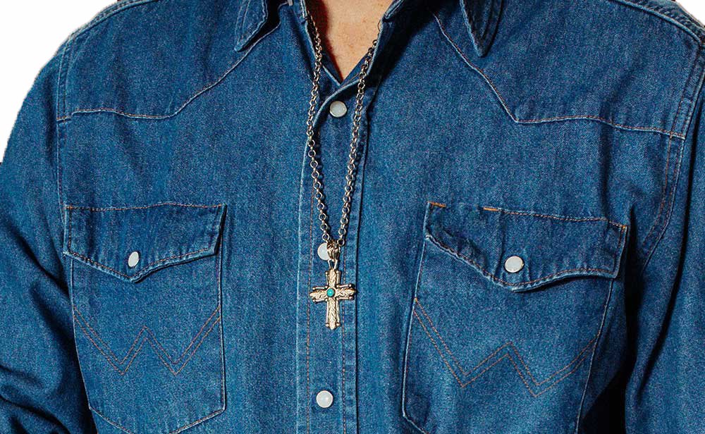 
                  
                    Model in Blue Shirt Wearing Montana Silversmiths At the Center of Faith Cross Necklace
                  
                