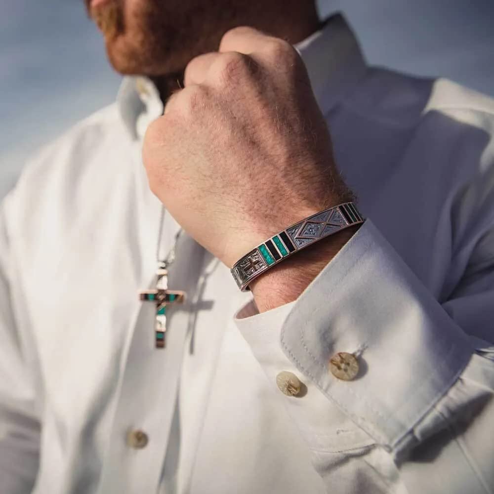 Man Wearing Montana Silversmiths Men's Fishermen of Faith Cuff Bracelet
