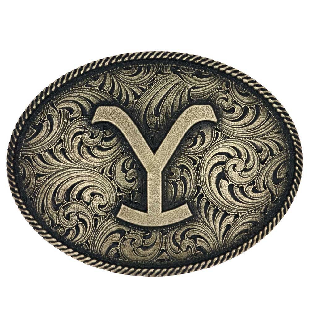 
                  
                    Montana Silversmiths x Yellowstone Collection Belt Buckle, With Dutton Ranch Yellowstone Montana Engraving and Antiqued Gold Finish
                  
                