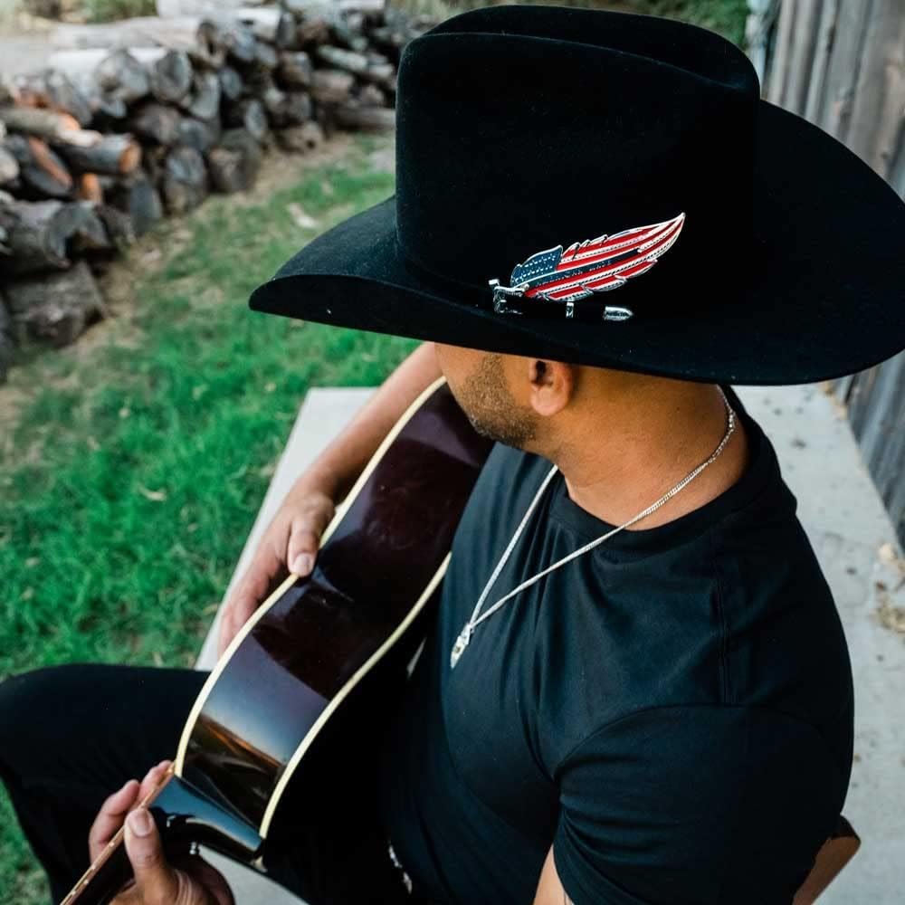 
                  
                    Cowboy Wearing Montana Silversmiths Big Bold Stripes American Made Hat Feather
                  
                