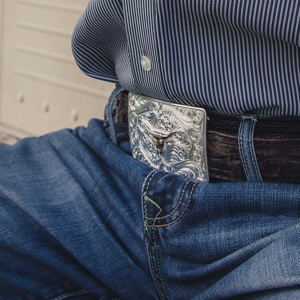 
                  
                    Man Wearing Montana Silversmiths Iconic Western Longhorn Silver Belt Buckle
                  
                