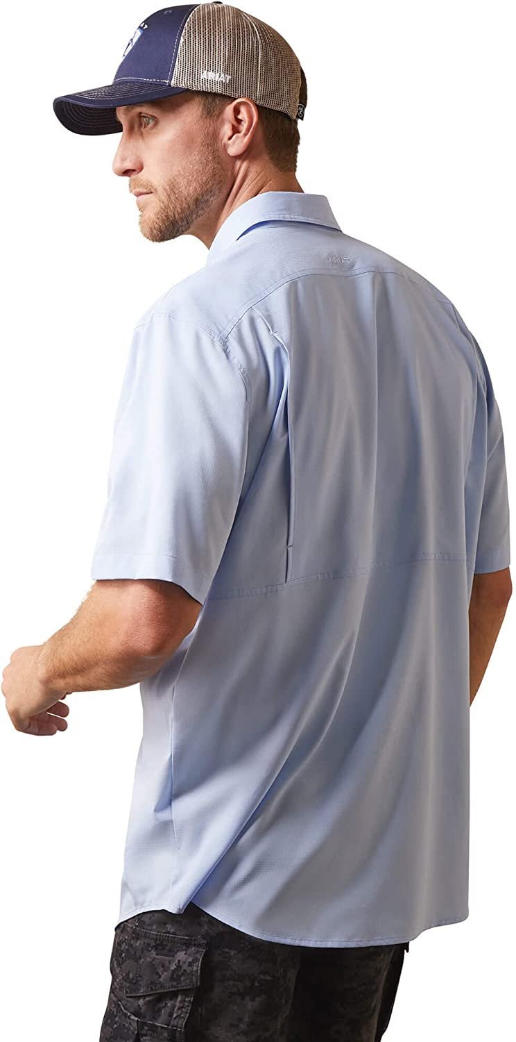 Side Angled Profile of Ariat Men's VentTEK Classic Fit Shirt in Blue Freeze