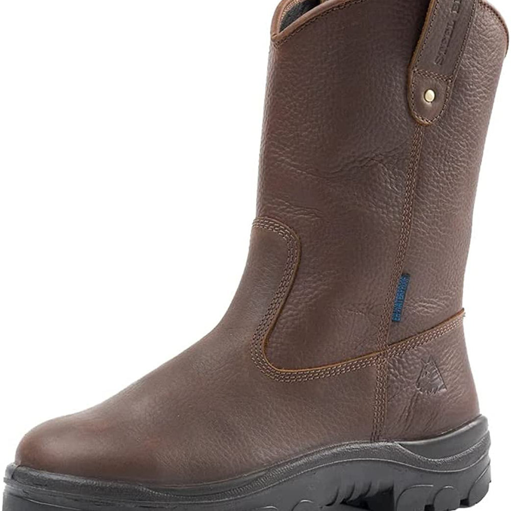 Angled Left Side of Steel Blue Heeler TPU Pull On Steel Toe Leather Work Boot in Oak