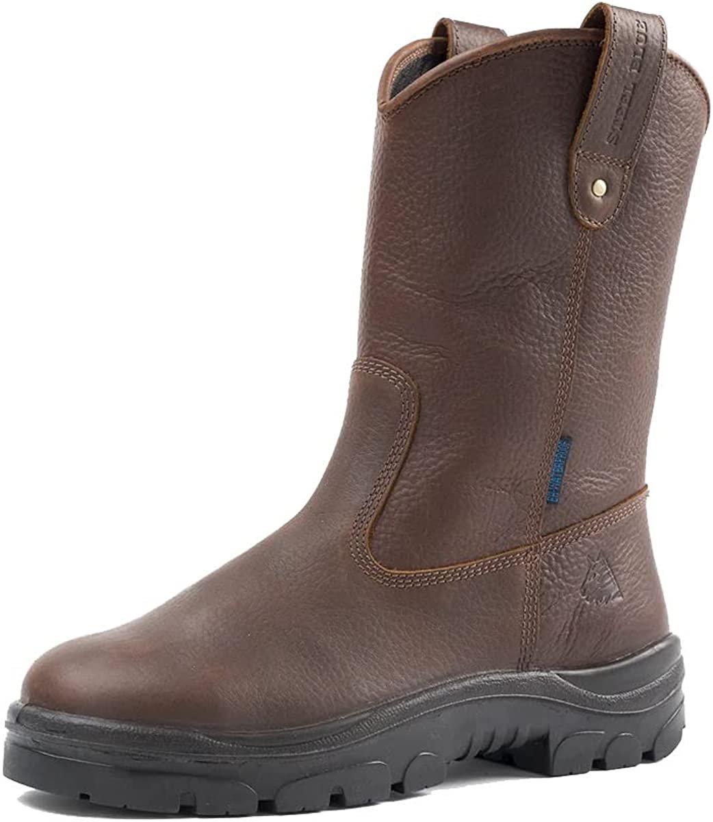 Angled Left Side of Steel Blue Heeler TPU Pull On Steel Toe Leather Work Boot in Oak