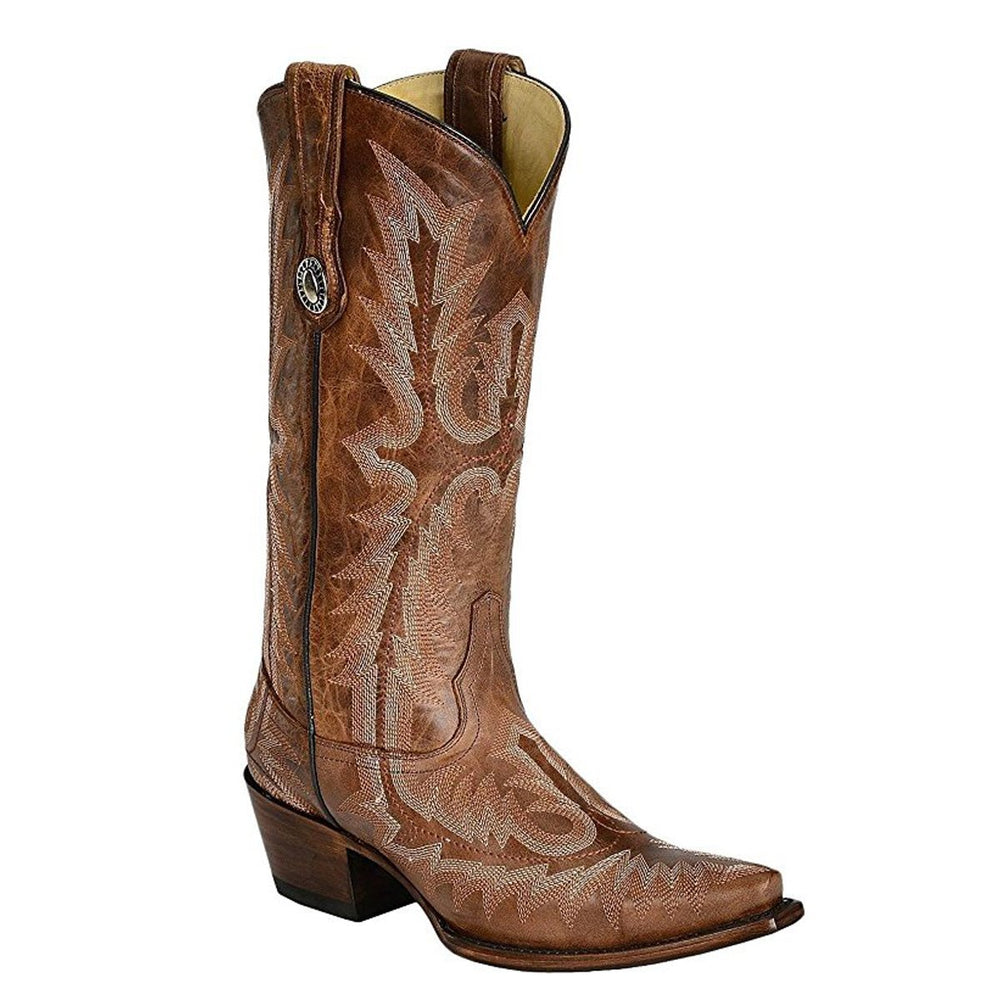 Side Angled View of Corral Boots Women's Picasso Cognac Snip Toe Western Boot