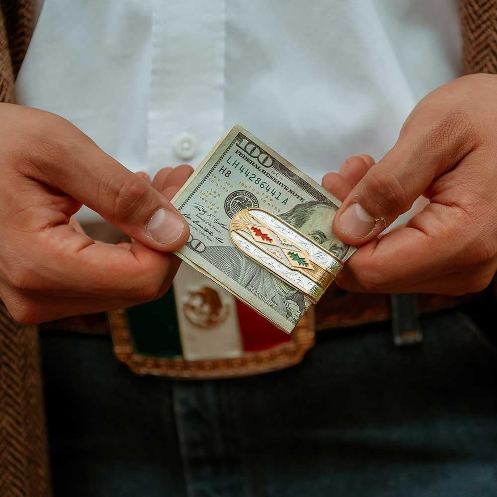 Man Holding Montana Silversmiths Mexican Pride Money Clip With Bills
