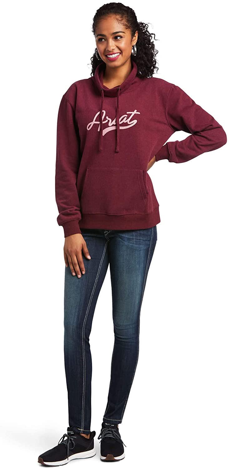 Model Wearing Ariat Women's REAL Logo Script Cowl Neck Sweatshirt