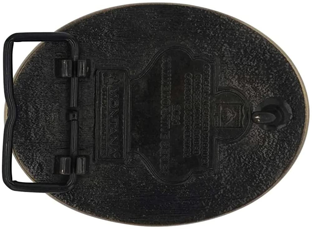 Back of Montana Silversmiths 2021 National Finals Rodeo Oval Belt Buckle