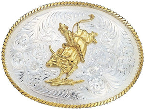 Montana Silversmiths Large Silver Engraved Western Belt Buckle With Bull Rider