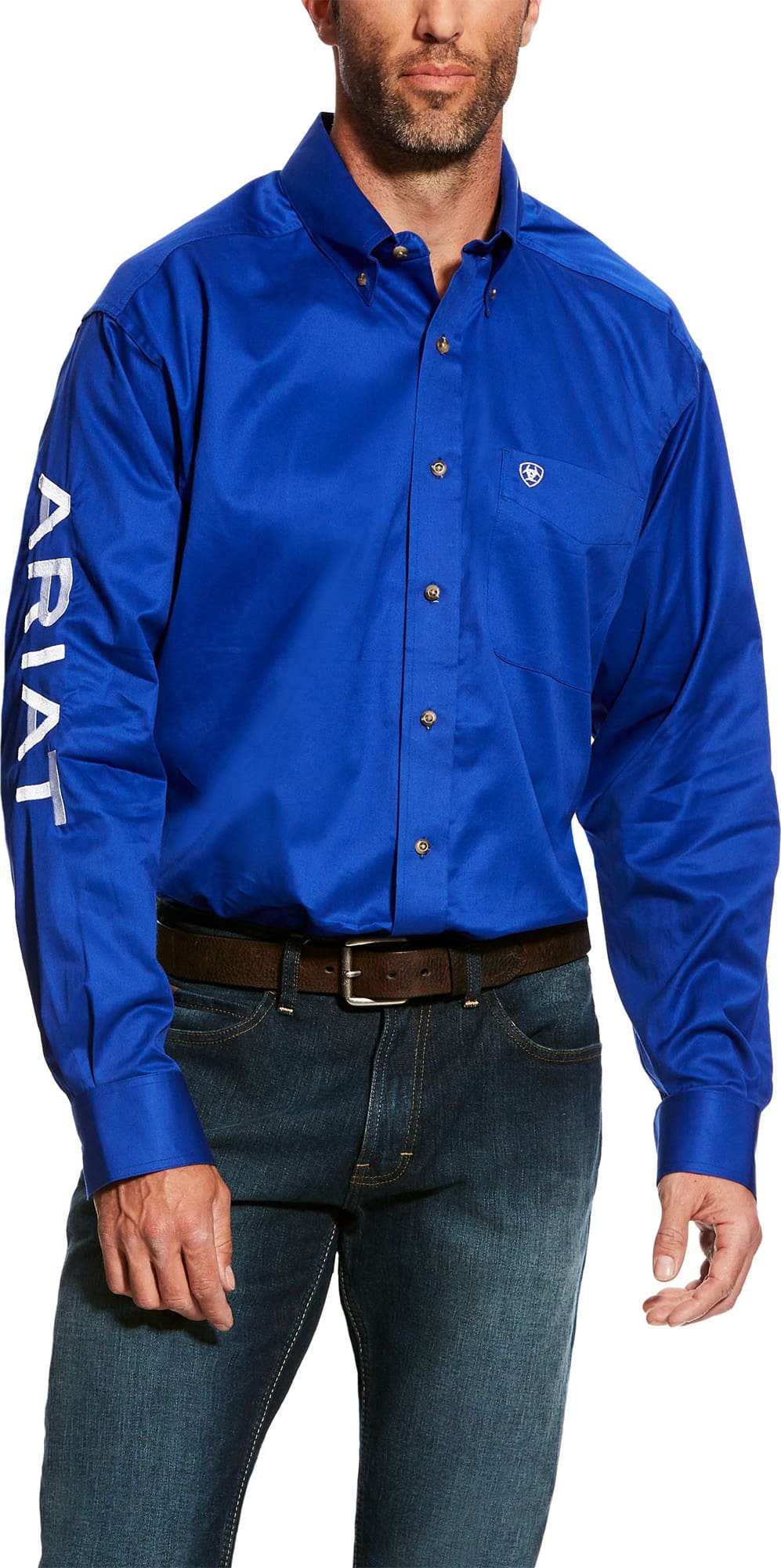 Man Wearing Ariat Men's Team Logo Twill Classic Fit Shirt in Ultramarine