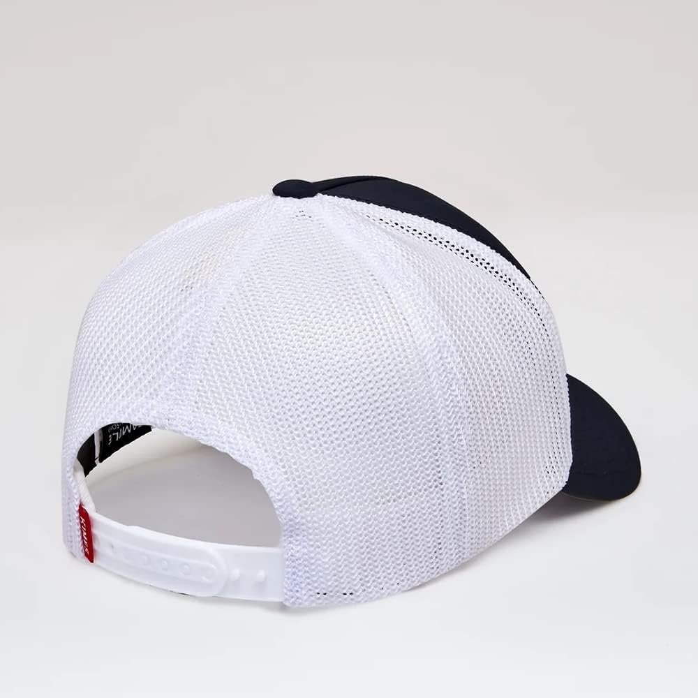 Back of Kimes Ranch Rolling Trucker Hat in Black