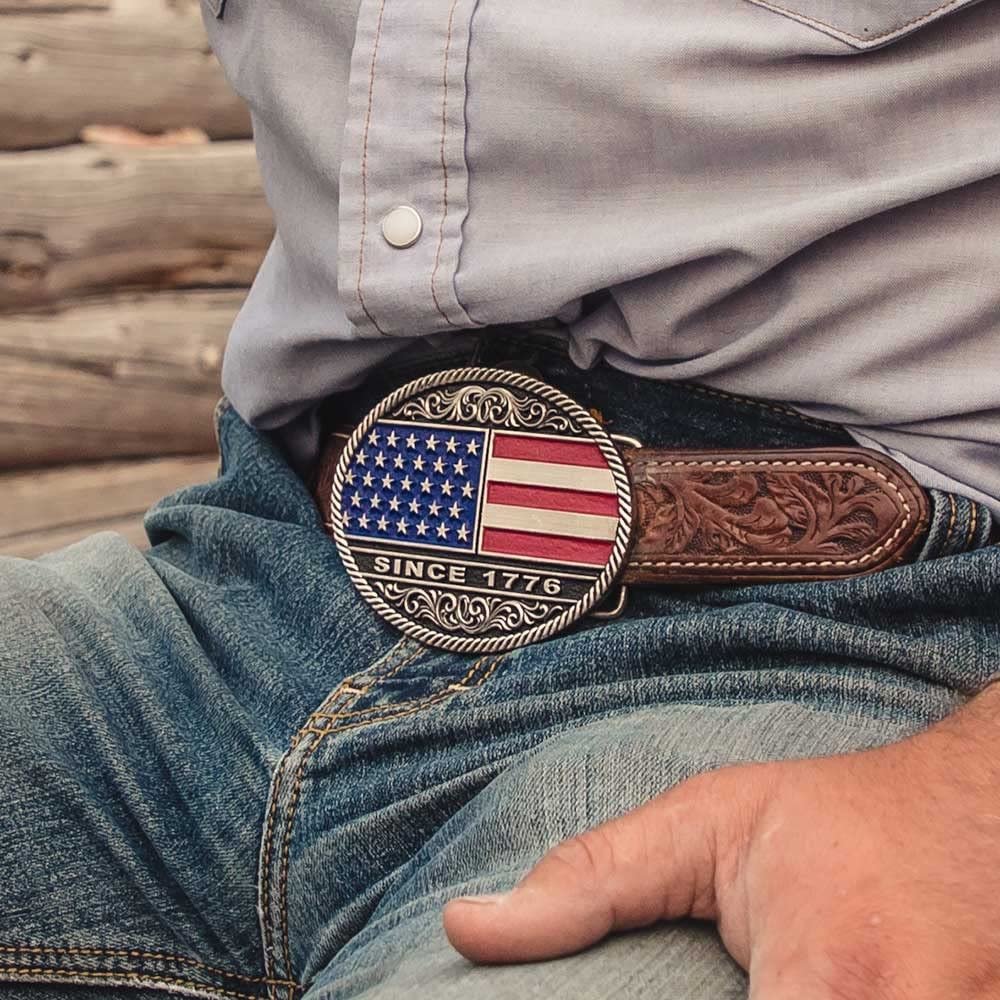 
                  
                    Montana Silversmiths American Flag Attitude Buckle With "Since 1776" Text
                  
                