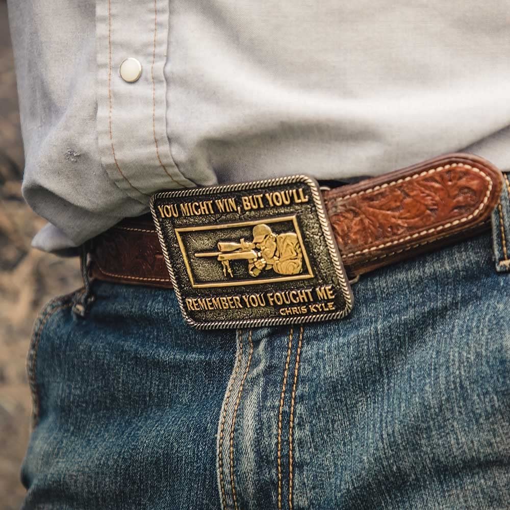 
                  
                    Man Wearing Montana Silversmiths Men's You Fought Me Chris Kyle Attitude Belt Buckle
                  
                