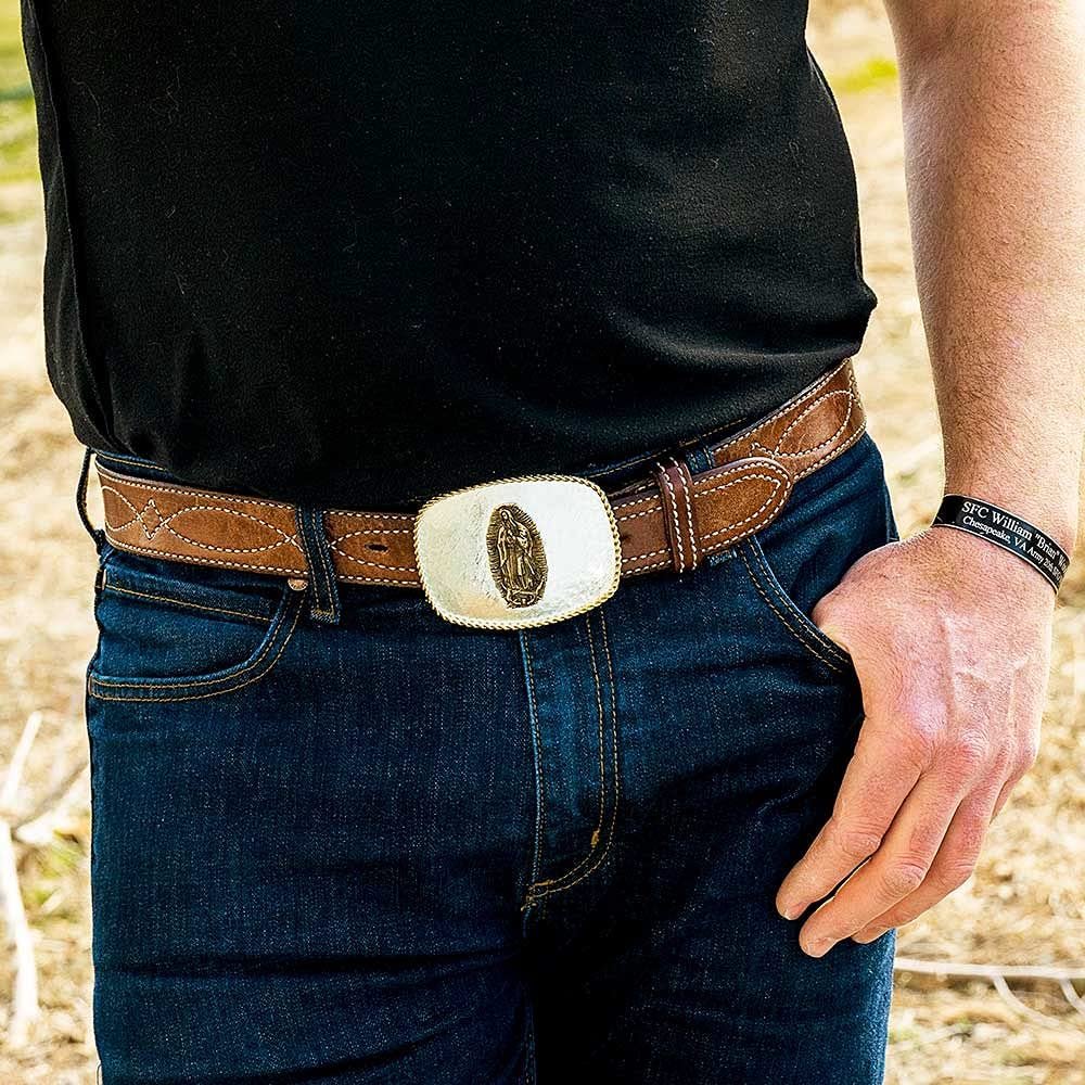 
                  
                    Man Wearing Montana Silversmiths Men's Rippling Waters Custom Western Belt Buckle, Lady of Guadalupe
                  
                