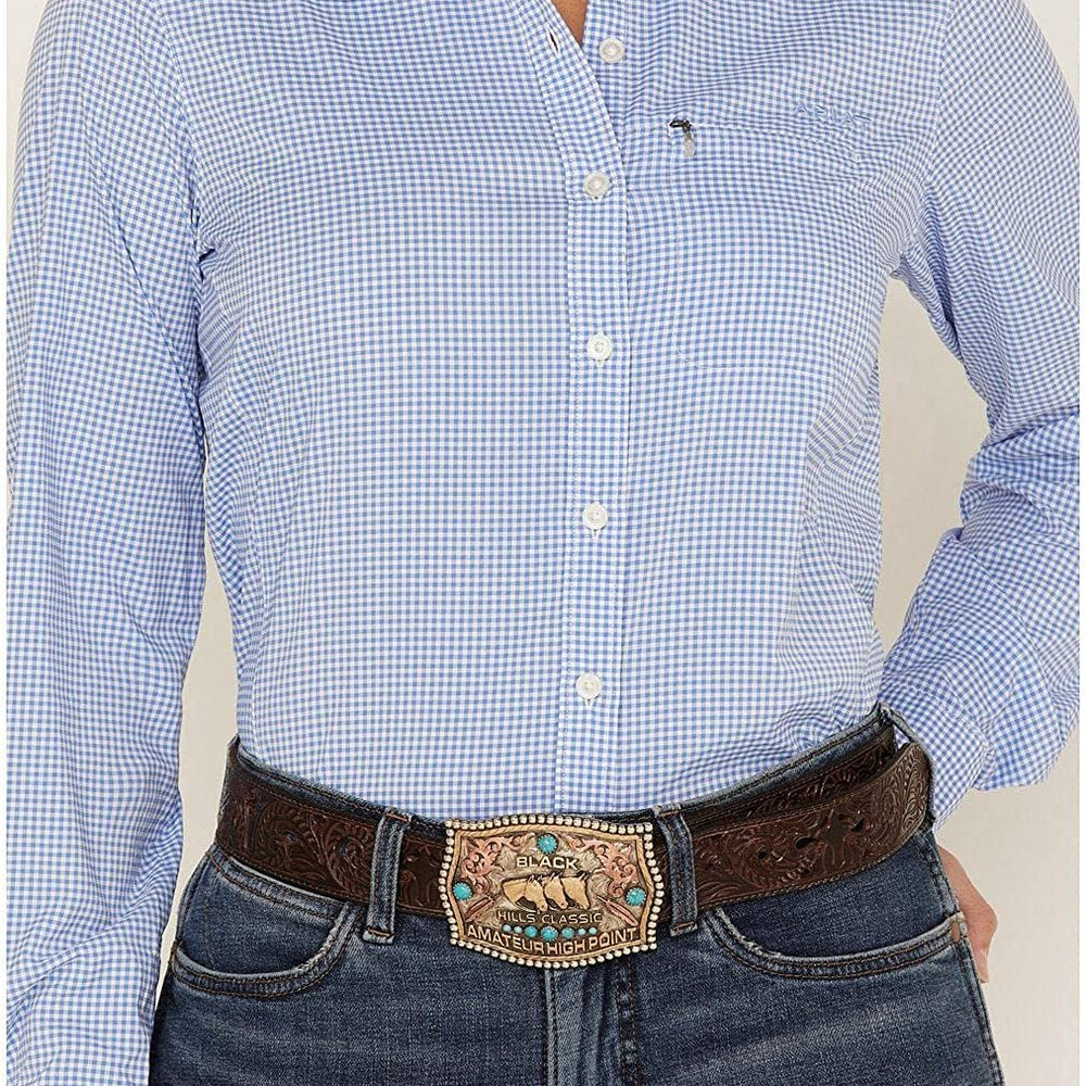 
                  
                    Close-up of Buttons on Ariat Women's VentTEK Stretch Long Sleeve Shirt in Reykjavik Blue/White Check
                  
                
