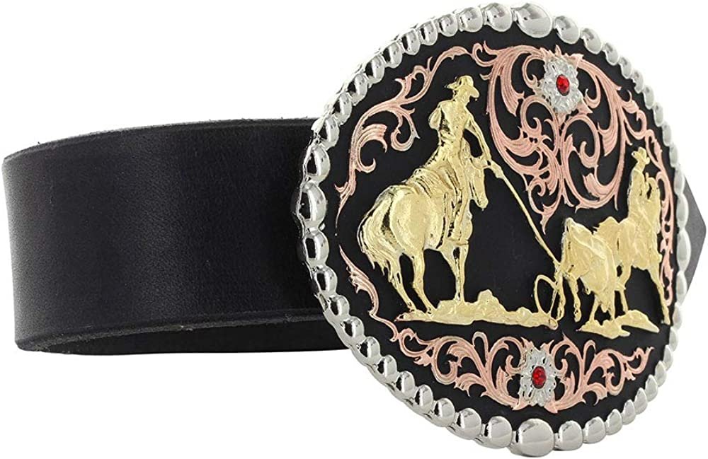 
                  
                    Side Angled View of Montana Silversmiths Tri Color Team Roper Attitude Belt Buckle
                  
                