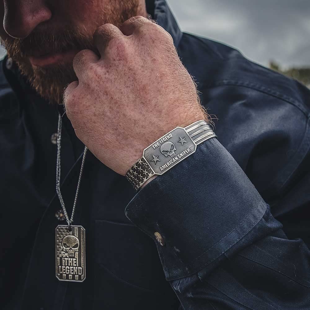 
                  
                    Close-up of Montana Silversmiths The Legend Chris Kyle Glory Dog Tag Necklace
                  
                